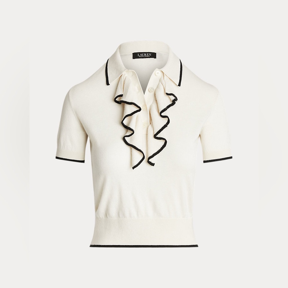Ralph Lauren Two-Tone Ruffle-Trim Polo Sweater